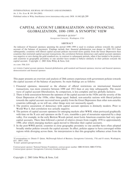 Capital Account Liberalization and Financial Globalization, 1890–1999: a Synoptic View Dennis P