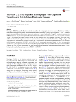 Neuroligin 1, 2, and 3 Regulation at the Synapse: FMRP-Dependent Translation and Activity-Induced Proteolytic Cleavage