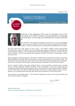 Welcome to the September 2015 Issue of Velocitates. One Of
