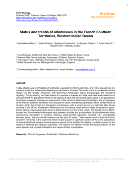 Status and Trends of Albatrosses in the French Southern Territories, Western Indian Ocean