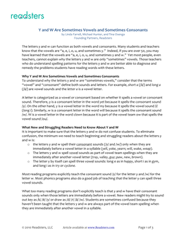 Y and W Are Sometimes Vowels and Sometimes Consonants by Linda Farrell, Michael Hunter, and Tina Osenga Founding Partners, Readsters