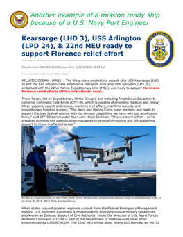 (LHD 3), USS Arlington (LPD 24), & 22Nd MEU Ready to Support Florence Relief Effort