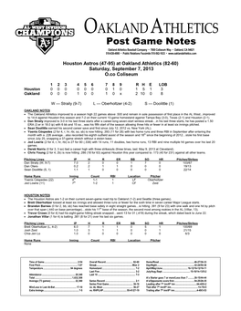 09-07-2013 A's Post Game Notes