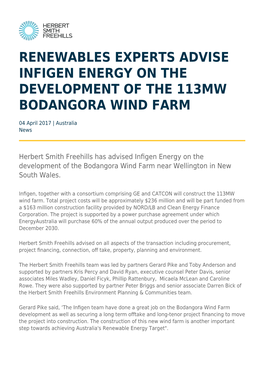 Renewables Experts Advise Infigen Energy on the Development of the 113Mw Bodangora Wind Farm