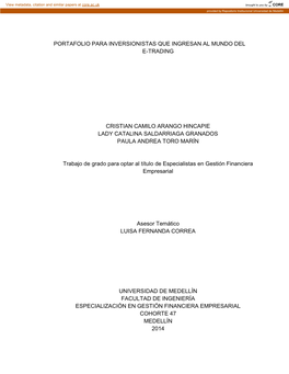 Portafolio Para Inversionistas Que Ingresan Al Mundo Del E-Trading Cristian Camilo Arango Hincapie Lady Catalina Saldarriaga