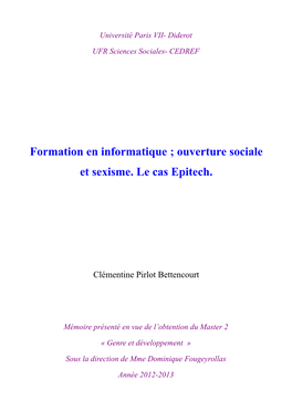 Formation En Informatique ; Ouverture Sociale Et Sexisme. Le Cas Epitech