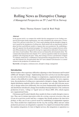 Rolling News As Disruptive Change a Managerial Perspective on TV 2 and VG in Norway