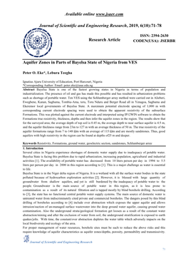 Aquifer Zones in Parts of Bayelsa State of Nigeria from VES