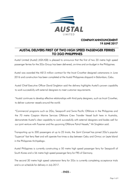 Austal Delivers First of Two High Speed Passenger Ferries to 2Go Philippines