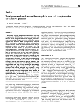 Review Total Parenteral Nutrition and Hematopoietic Stem Cell Transplantation: an Expensive Placebo?