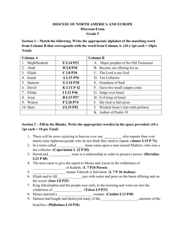 DIOCESE of NORTH AMERICA and EUROPE Diocesan Exam Grade 5 Section 1 – Match the Following