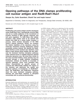 Opening Pathways of the DNA Clamps Proliferating Cell Nuclear Antigen and Rad9-Rad1-Hus1 Xiaojun Xu, Carlo Guardiani, Chunli Yan and Ivaylo Ivanov*