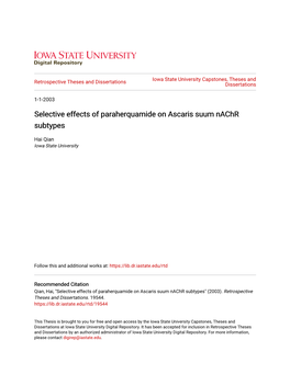 Selective Effects of Paraherquamide on Ascaris Suum Nachr Subtypes