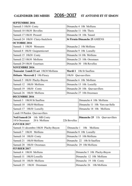 Calendrier Des Messes 2016-2017 St Antoine Et St Simon