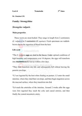 Family: Strongylidae Strongylus Vulgaris