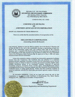 Certificate of Filing of Amended Articles of Incorporation
