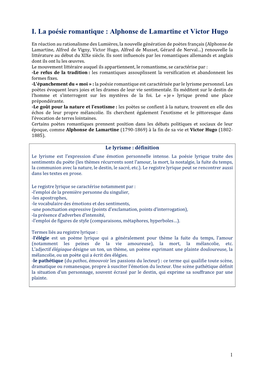 I. La Poésie Romantique : Alphonse De Lamartine Et Victor Hugo