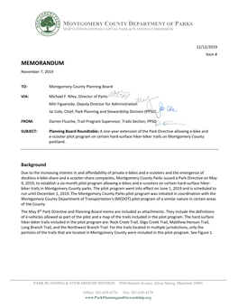 E-Bike and E-Scooter Pilot Program on Certain Hard-Surface Hiker-Biker Trails on Montgomery County Parkland