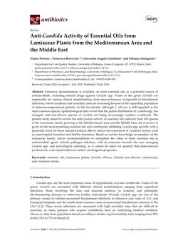 Anti‐Candida Activity of Essential Oils from Lamiaceae Plants from the Mediterranean Area and the Middle East