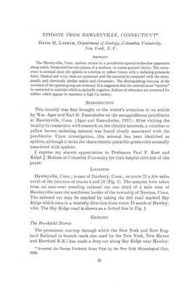 EPIDOTE from HAWLEYVILLE, CONNECTICUT* Davrs M. Leenau, Department Oj Geology,Columbia Unioers.I.Ty, New York, L{