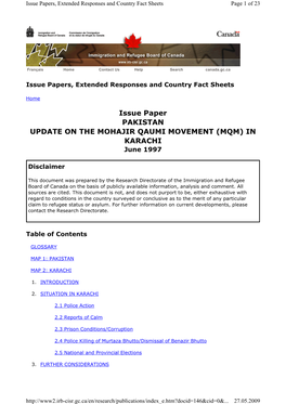 Issue Paper PAKISTAN UPDATE on the MOHAJIR QAUMI MOVEMENT (MQM) in KARACHI June 1997