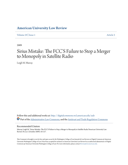 Sirius Mistake: the FCC's Failure to Stop a Merger to Monopoly In