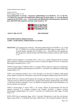 Codice A1511C D.D. 9 Giugno 2020, N. 375 Cassa Integrazione in Deroga - Emergenza Epidemiologica Da COVID-19 - Art