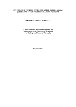 Non-Chemical Control of the Red-Billed Quelea (Quelea Quelea) and Use of the Birds As a Food Resource