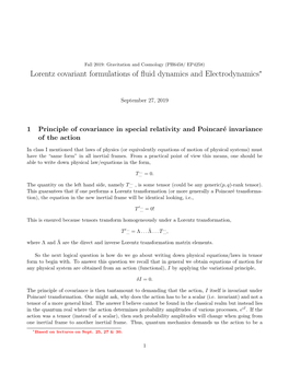 Lorentz Covariant Formulations of Fluid Dynamics and Electrodynamics