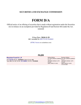 Resolute Fund IV, L.P. Form D/A Filed 2018-11-29