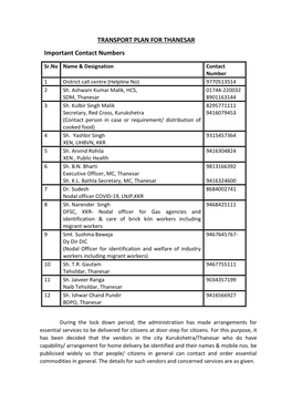 TRANSPORT PLAN for THANESAR Important Contact Numbers