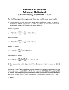 Homework #1 Solutions Astronomy 10, Section 2 Due: Wednesday, September 7, 2011