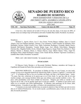 Senado De Puerto Rico Diario De Sesiones Procedimientos Y Debates De La Decimocuarta Asamblea Legislativa Tercera Sesion Ordinaria Año 2002 Vol