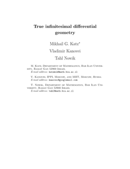 True Infinitesimal Differential Geometry Mikhail G. Katz∗ Vladimir