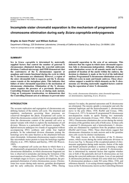 Incomplete Sister Chromatid Separation Is the Mechanism of Programmed Chromosome Elimination During Early Sciara Coprophila Embryogenesis