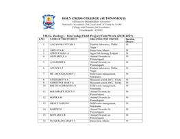 I B.Sc. Zoology – Internship/Field Project/Field Work (2018-2019) S.NO