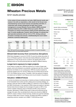 Wheaton Precious Metals Q121 Preview