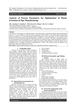 Analysis of Process Parameters for Optimization of Plastic Extrusion in Pipe Manufacturing