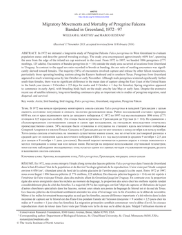 Migratory Movements and Mortality of Peregrine Falcons Banded in Greenland, 1972–97