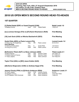 2018 Us Open Men's Second Round Head-To-Heads