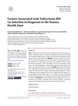 Factors Associated with Tuberclosis-HIV Co-Infection in Diagnosis in the Nzanza Health Zone