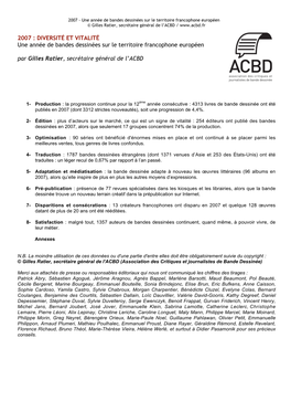 2007 : DIVERSITÉ ET VITALITÉ Une Année De Bandes Dessinées Sur Le Territoire Francophone Européen Par Gilles Ratier, Secrétaire Général De L’ACBD