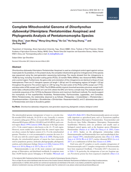 Complete Mitochondrial Genome of Dinorhynchus Dybowskyi (Hemiptera: Pentatomidae: Asopinae) and Phylogenetic Analysis of Pentatomomorpha Species