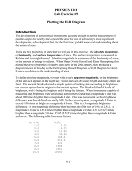 PHYSICS 1311 Lab Exercise #9 Plotting the H-R Diagram