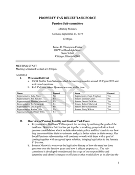 PROPERTY TAX RELIEF TASK FORCE Pension Sub-Committee Meeting Minutes Monday September 23, 2019 12:00Pm