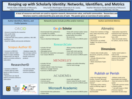 Keeping up with Scholarly Identity: Networks, Identifiers, and Metrics Felicity Dykas (University of Missouri), Amy Suiter (Washington University in St