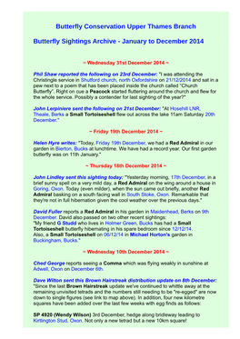 Butterfly Sightings Archive - January to December 2014