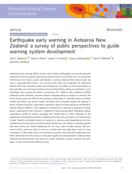 Earthquake Early Warning in Aotearoa New Zealand: a Survey of Public Perspectives to Guide Warning System Development ✉ Julia S