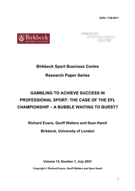 Birkbeck Sport Business Centre Research Paper Series GAMBLING