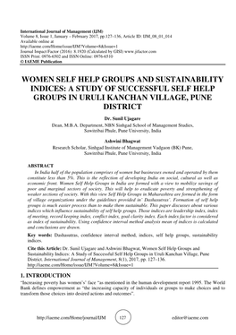 Women Self Help Groups and Sustainability Indices: a Study of Successful Self Help Groups in Uruli Kanchan Village, Pune District